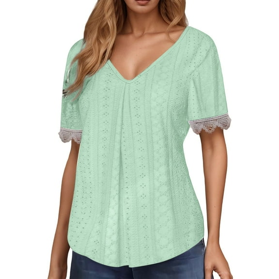 BdTemWBs Women's V Neck Lace Trim T Shirt Casual Floral Hollow Out Blouse Trendy Tops Tee Shirts Summer Shirts Solid Color Summer Short Sleeve Shirts, Mint Green, Large