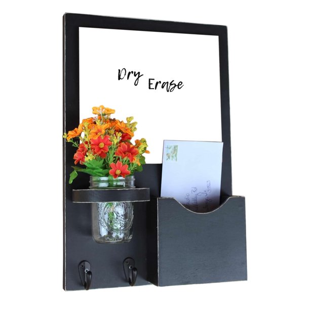 Mail Organizer with Small Whiteboard, Key Hooks & Mason Jar