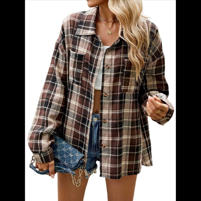 Camisas de Franela con Botones para Mujer, Camisas A Cuadros de Larga, Blusa Informal de Negocios. Marrón Oscuro XL