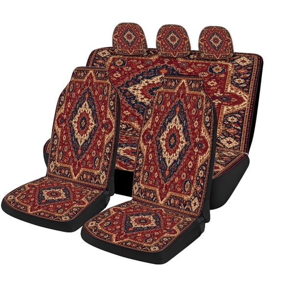 Classic Red Persian Rug Car Seat Covers Full Set, Universal Auto Seat Covers with Front Seat Covers, Rear Bench Cover and Headrest Covers for Cars SUVs Trucks Vans