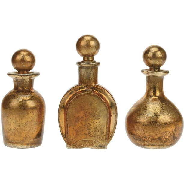 Set of 3 Antique Gold Mercury Glass Decorative Glass Bottles with