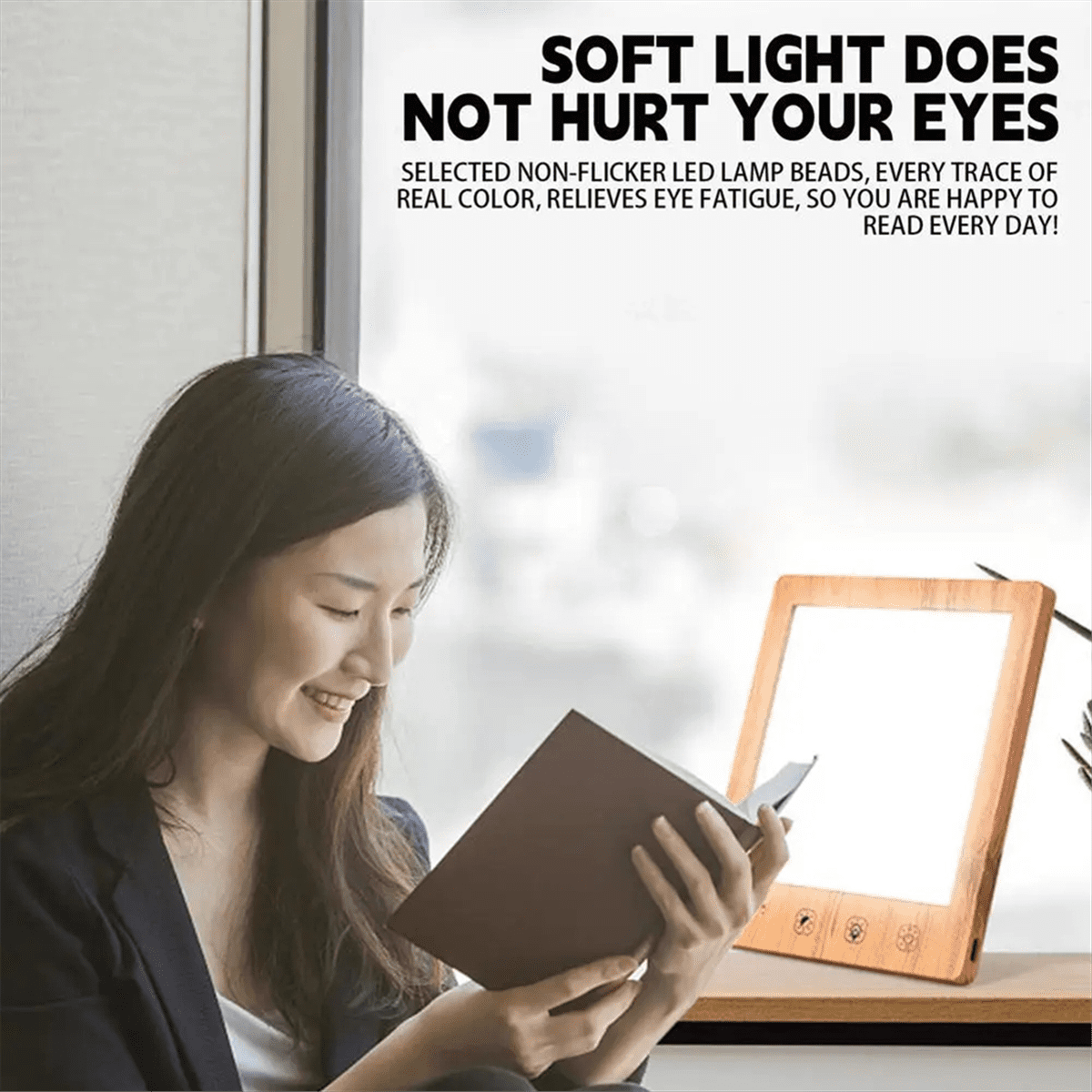 Fluorescent Desk Lamp 10000 Lux Bedside Light Lamp UV-Free LED Simulated Sunlight Touch Control with Wood Color Plastic