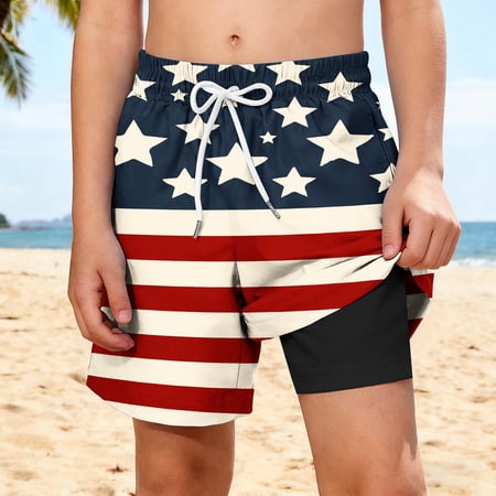 Shorts for Boys Patriotic 4th of July Print Beach Shorts Double Layer with Pockets Casual Swim and Sport Style Multicolor k 7 Years