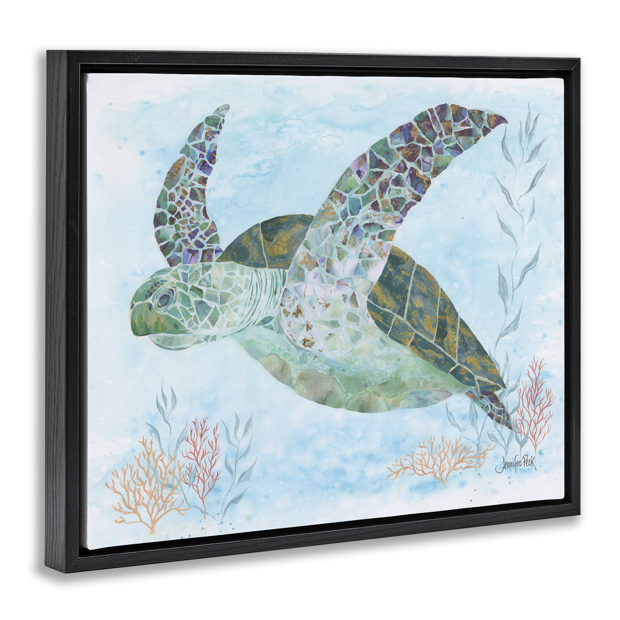 Stupell Industries Mosaic Tortoise Underwater Animals & Insects Painting Black Floater Framed Canvas Art Print Wall Art, 21 x 17