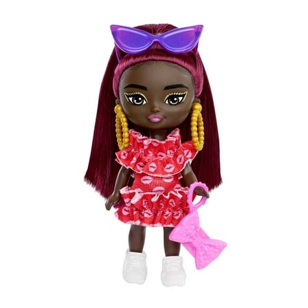 Barbie Extra Mini Minis Doll with Burgundy Hair in Red Ruffle Dress with Accessories