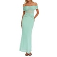 thumbnail image 2 of Women Off Shoulder Bodycon Maxi Dress Strapless Ruched Wedding Guest Formal Party Long Dresses Light Green M, 2 of 9