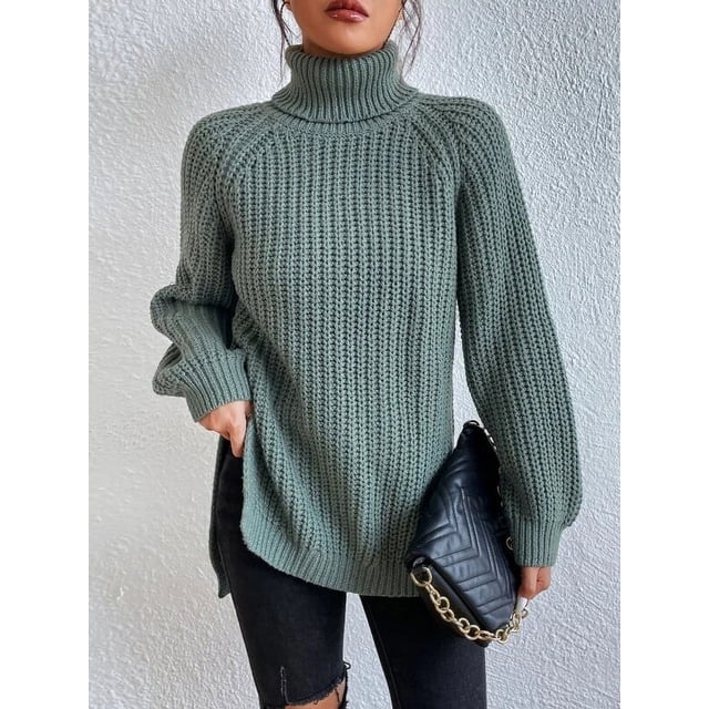 Suéter de otoño e invierno con mangas raglán largas y solapa alta, vestido tipo suéter dividido para mujer