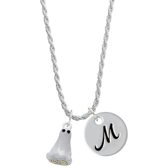 Delight Jewelry Two-tone 3-D Ghost with Black Crystals Silvertone Script Initial Disc - M - Charm Necklace, 20"+3"
