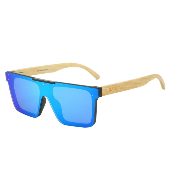Piranha Eyewear Owen Square Bamboo Sunglasses with Blue Mirror Shield Lens