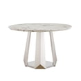 thumbnail image 3 of 47" Round Marble-Effect Dining Table, Modern Stainless Steel Base Kitchen Table with High-Gloss Faux Marble Top, Multi-Purpose Heavy-Duty Dining Room Table (Silver & White), 3 of 9