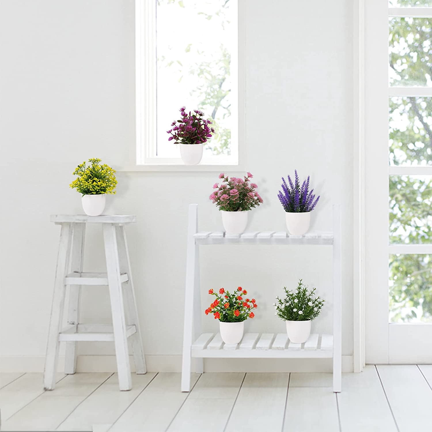Artificial Small Plant 6pcs Fake Flower Potted Plant Bathroom for Indoor Decor Window Tabletop Office Colorful