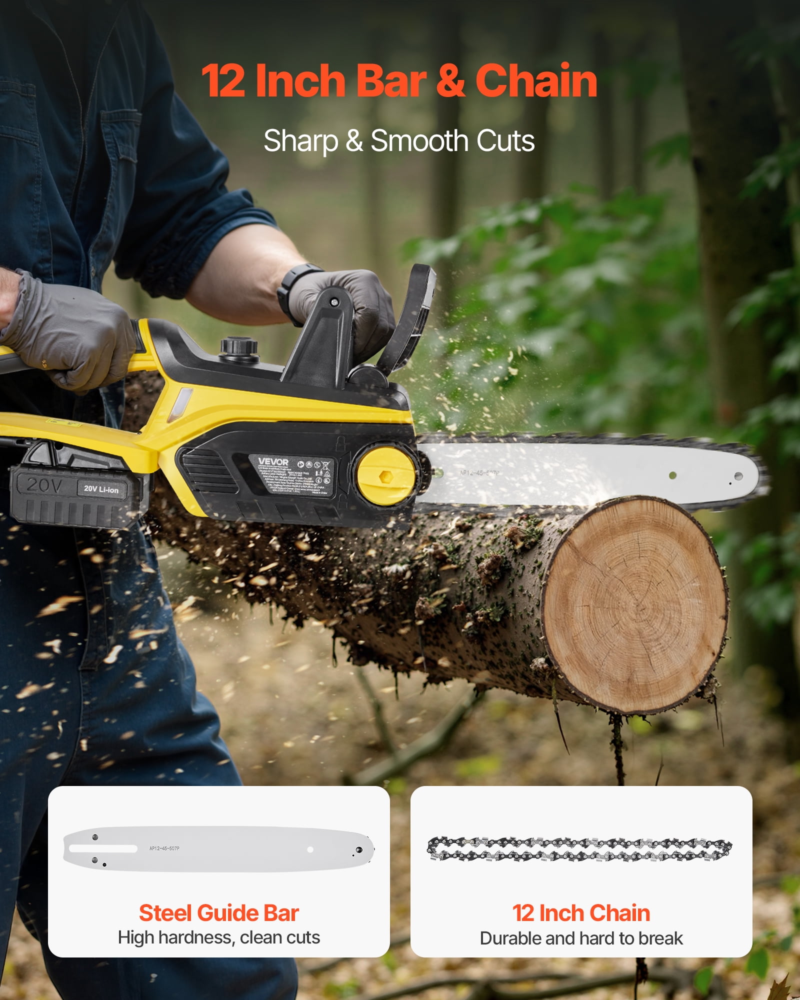 VEVOR Cordless Chainsaw, 20V 12-Inch Brushless Chainsaw Battery Powered, 4.0Ah Battery and Rapid Charger Included, Handheld Electric Chain Saw for Tree Felling, Wood Cutting, Pruning, and Trimming