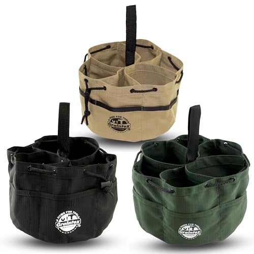 Graintex GB2875 18 Pockets Grab Bags Set of 3 Pcs Khaki, Black and Hunter Green Color Rip-stop Canvas Drawstring Closure, Small Parts Organizer Bag, Parachute Canvas Bag for Screws