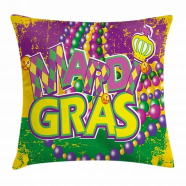 Mardi Gras Throw Pillow Cushion Cover, Grunge Background with Colors Vivid Beads Vintage Letters Joyful Print, Decorative Square Accent Pillow Case, 16 X 16 Inches, Purple Green Yellow, by Ambesonne