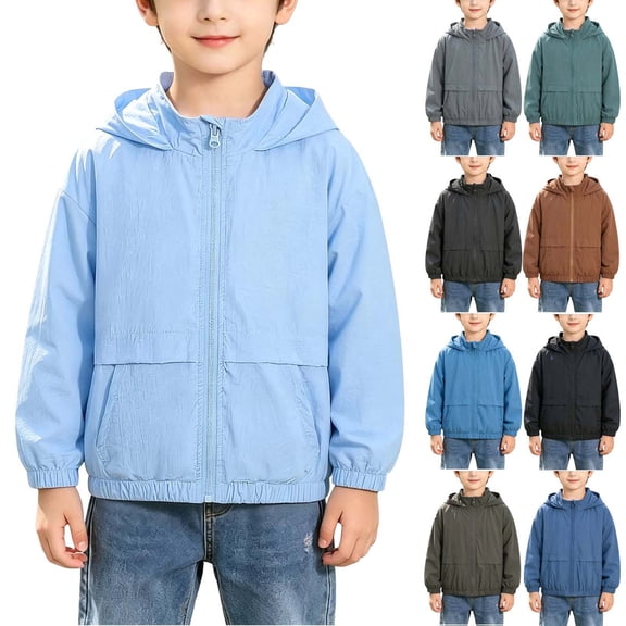Lutiedan Zip Up Jacket for Boys Long Sleev Hooded Windproof Jackets Casual Lightweight School Outerwear with Pocket Size 4-13,Light Blue