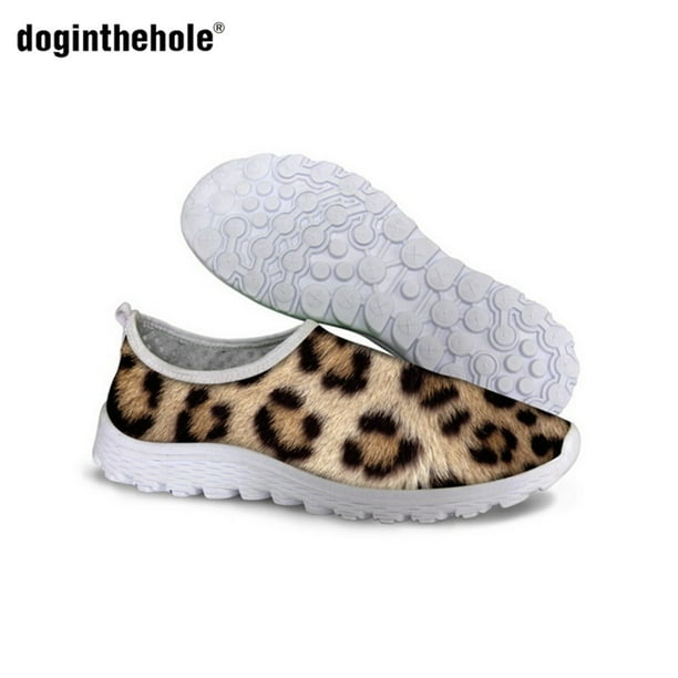 Doginthehole Zapatillas de deporte de malla informales con estampado de leopardo para mujer, zapatos planos transpirables, calzado ligero para primavera y verano