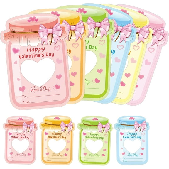 Valentines Day Cards for Kids 54 Pcs Mason Jar Happy Valentine's Day Card Paper Candy Holder Card DIY Valentine Exchange Greeting Cards Gifts 3.5x6 Inch