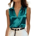 thumbnail image 3 of VBVC Women's Satin Sleeveless Collared Blouse, Ladies' Lightweight V-Neck Tank Top, Elegant Solid Color Work Cami For Women,Dark Blue,S-3XL, 3 of 9