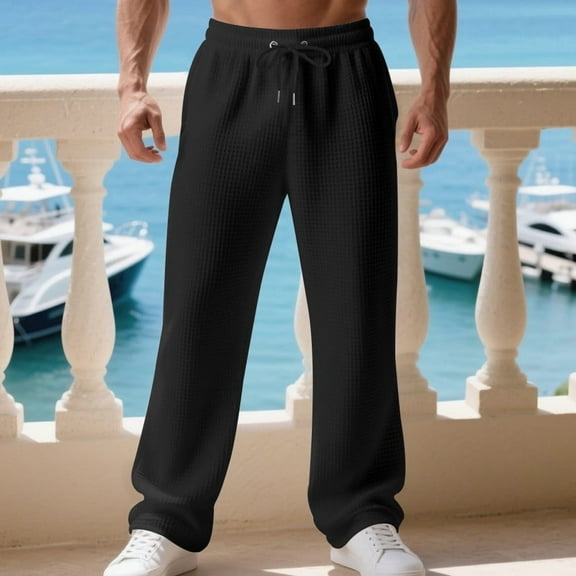 Fnnxeal Mens Sweatpants, Waffle Casual Slacks with Stretch Drawstring Fall Winter Black Sweatpants for Men Size 2XL