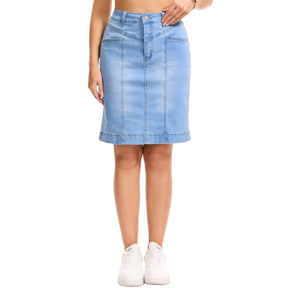 INSPIRE CHIC Women's Denim Skirt Casual High Waisted Pockets Above the Knee Stretchy Jean Pencil Skirts M Light Blue
