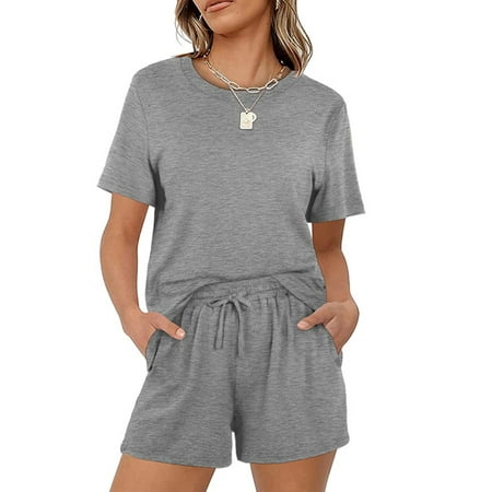 

Bomotoo Women Nightwear Short Sleeve Lounge Sets Elastic Waist Sleepwear Baggy Pajamas Summer Pjs Gray 2XL