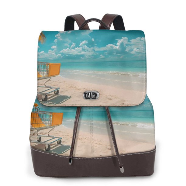 Balery Shopping Cart On Tropical Beach Mochila de Cuero para Mujeres, Gran Capacidad, Bolsa de Viaje Multifuncional, Mochila de Cuero y Bolsa de Hombro para Mujeres
