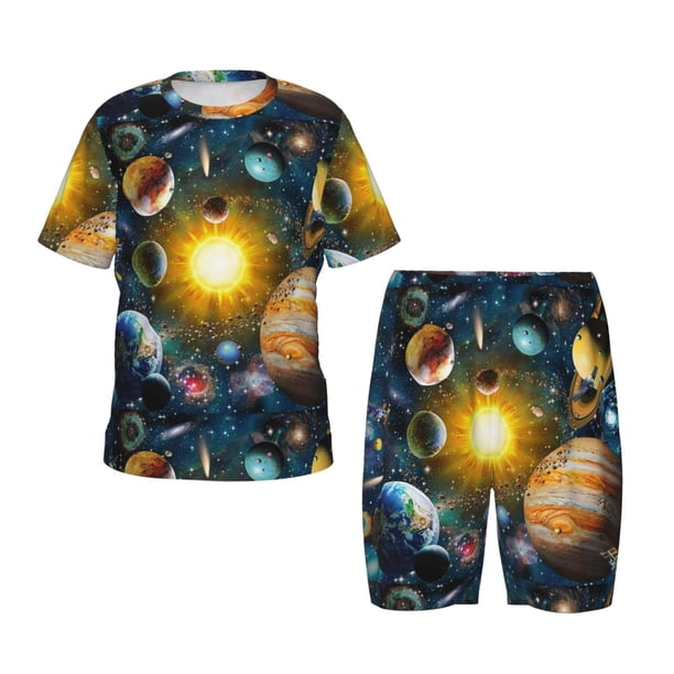 Balery Space Planet Conjunto de Pijama Infantil de Manga Corta con Estampado – Ropa de Dormir de Algodón Suave-Small