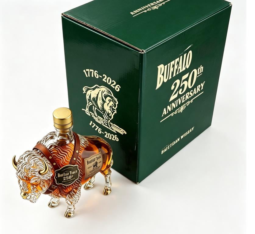 250th Anniversary 3D Bison Buffalo Shaped Glass Decanter, Hand Carved Spirit Liquor Bottle with Green Gift Box, Western Wildlife Bar Display Decor Gift for Bourbon Lovers