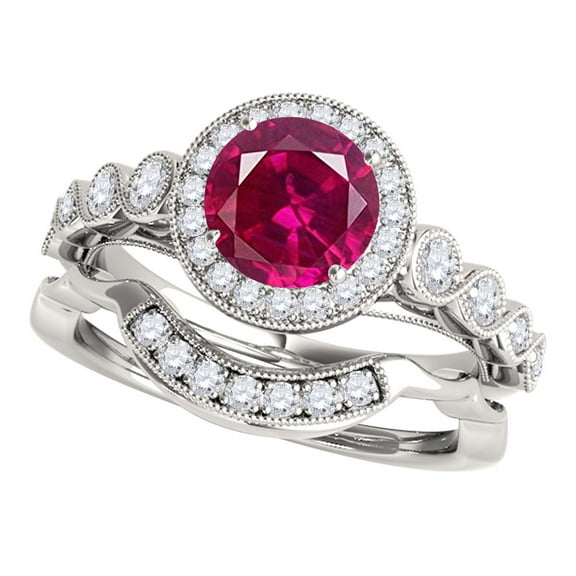 Mauli Jewels Engagement Rings for Women 1.25 Carat Halo Created Ruby And Diamond Bridal Set Prong-Setting 14k White Gold