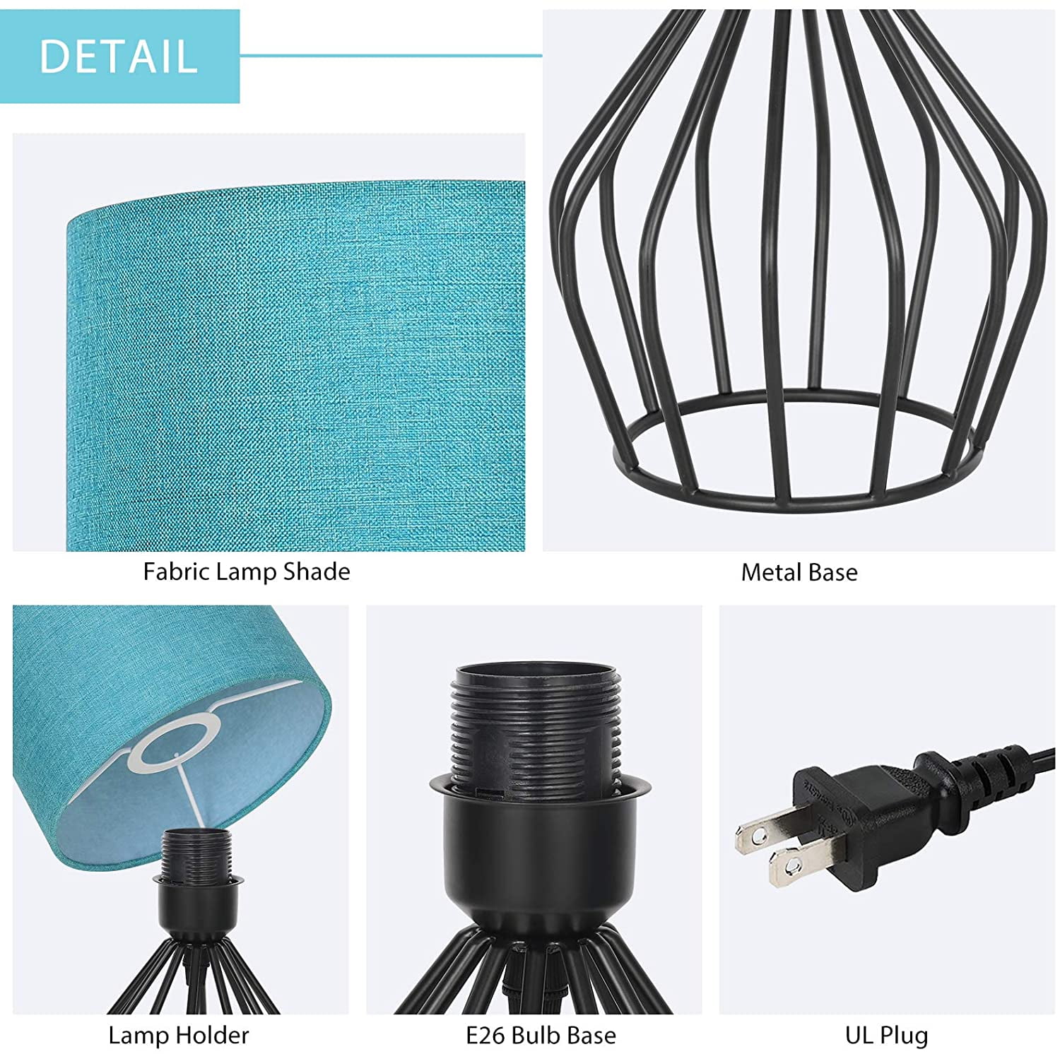 Oumilen Modern Table Lamp 14.6” -Light Black Metal Cage Table Lamp with Gray Fabric Shade