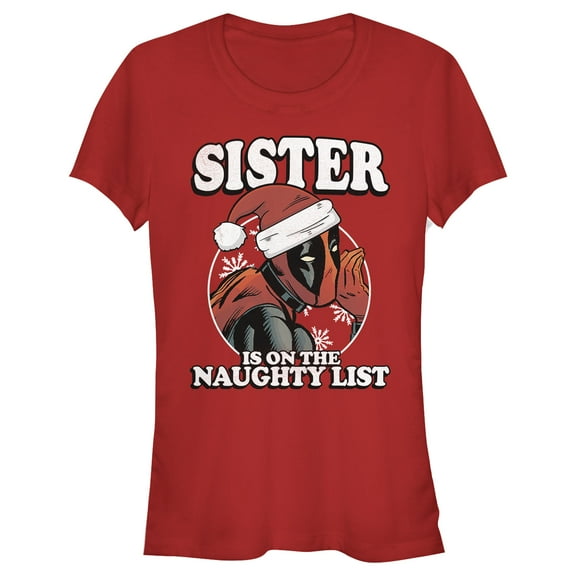 Junior's Marvel Christmas Deadpool Sister on Naughty List Graphic Tee Red Medium