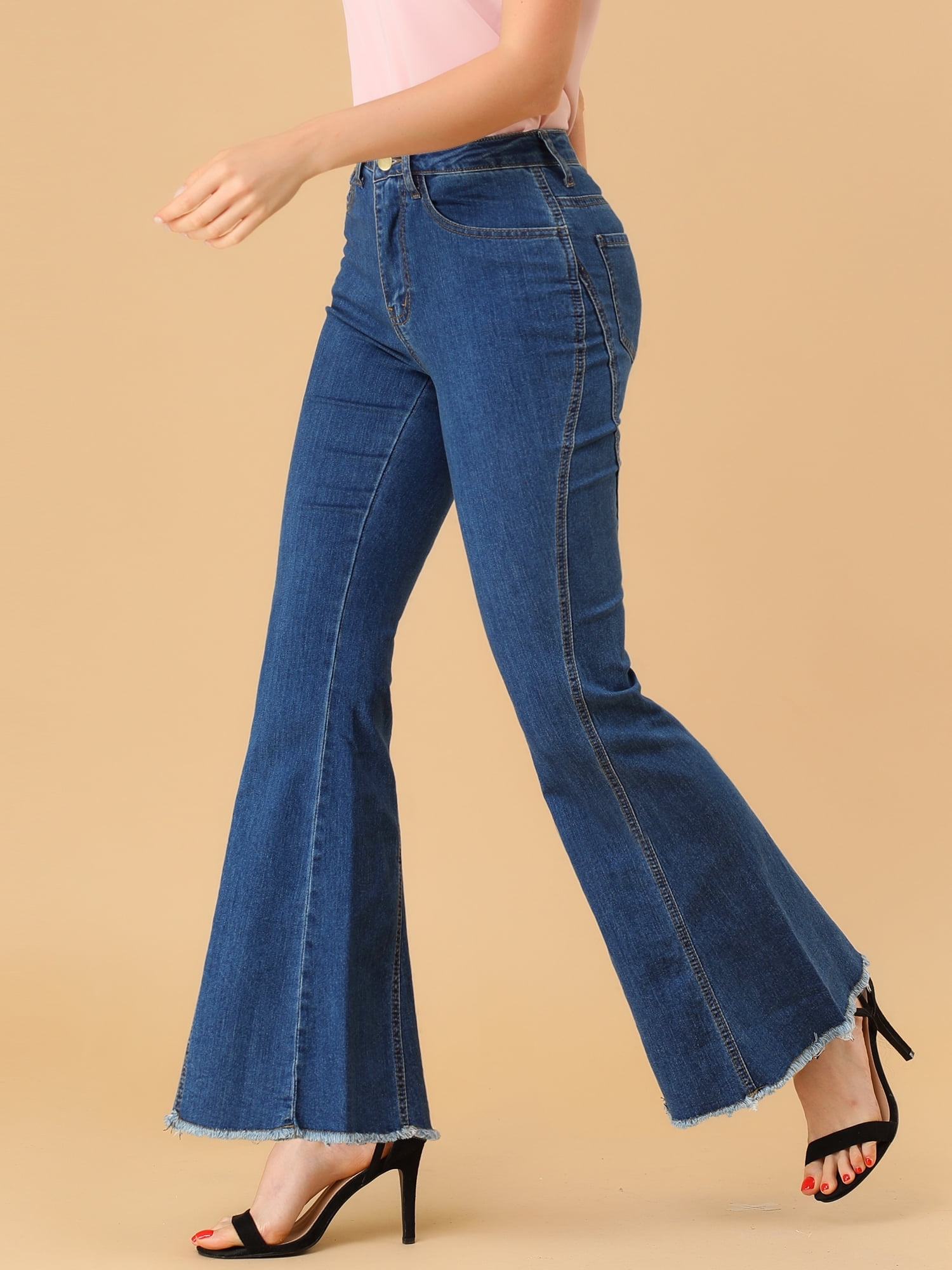 DARING DIVA Women's Flare Denim Pants High Waist Stretch Bell Bottoms Jeans L Blue