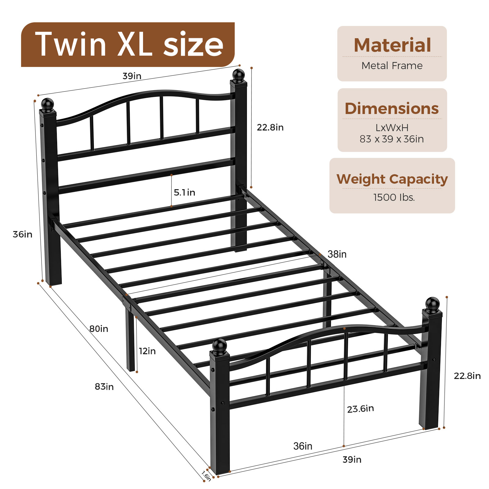 Twin XL Bed Frames, Noise-Free Design & Underbed Storage Heavy Duty Bed Frames with Headboard No Box Spring Needed/Tool-Free Assembly
