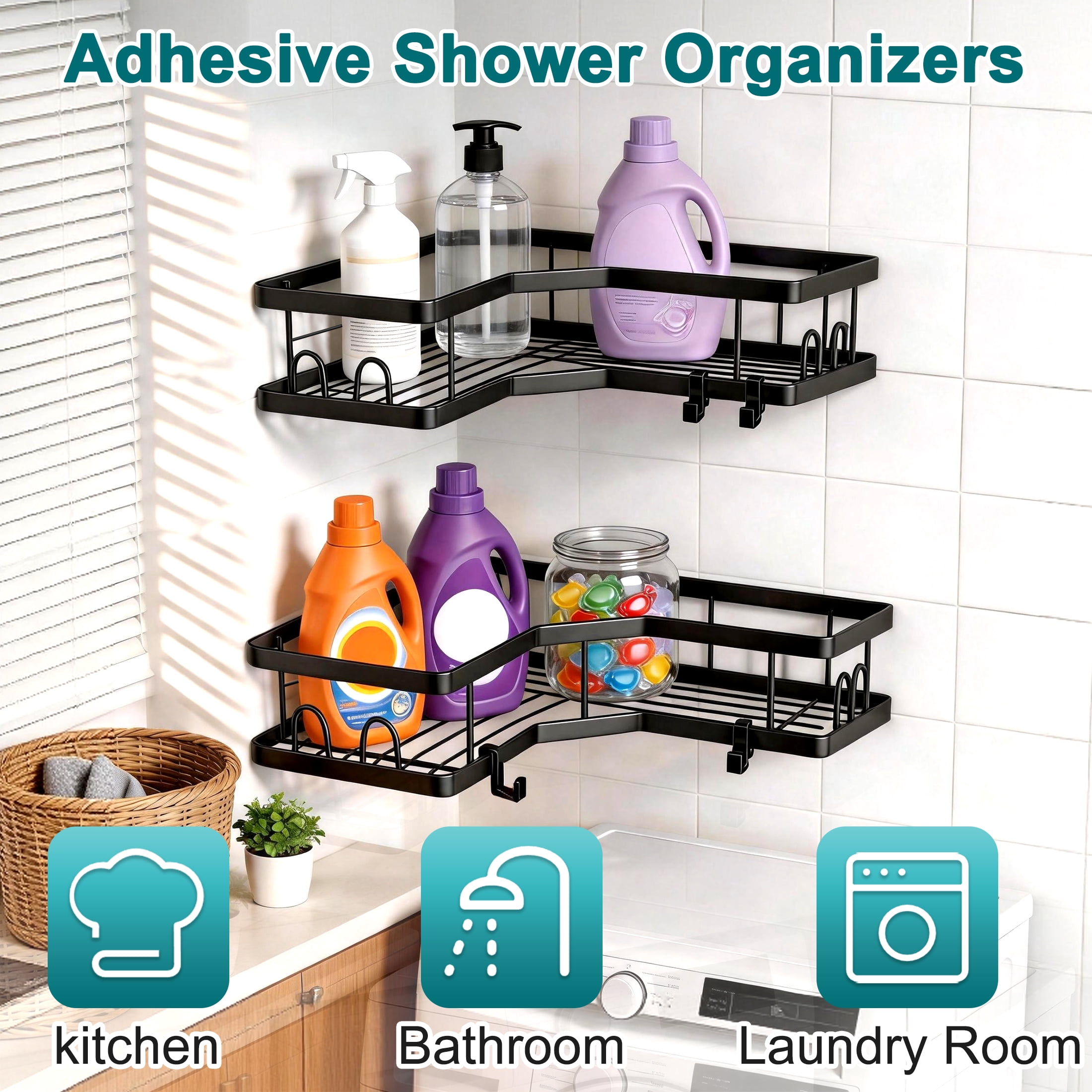 Corner Shower Caddy, 2 Pack Adhesive Shower Organizers with Hooks & Toothpaste Holder, Rustproof Metal Shower Shelves, No Drilling Bathroom Organizers and Storage Racks