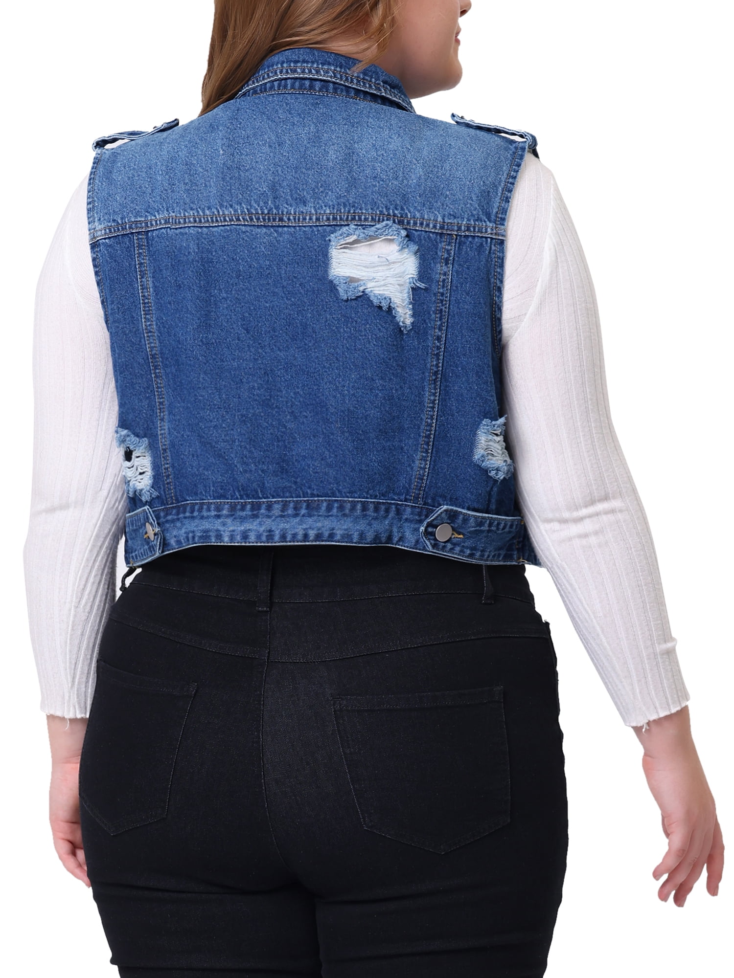 Unique Bargains Women's Plus Size Denim Sleeveless Chest Pockets Vests Jacket 4X Blue