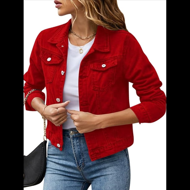 Chaquetas Vaqueras para Mujer, Básicas, de Larga, con Botones, Estilo Corto, A Rojo L
