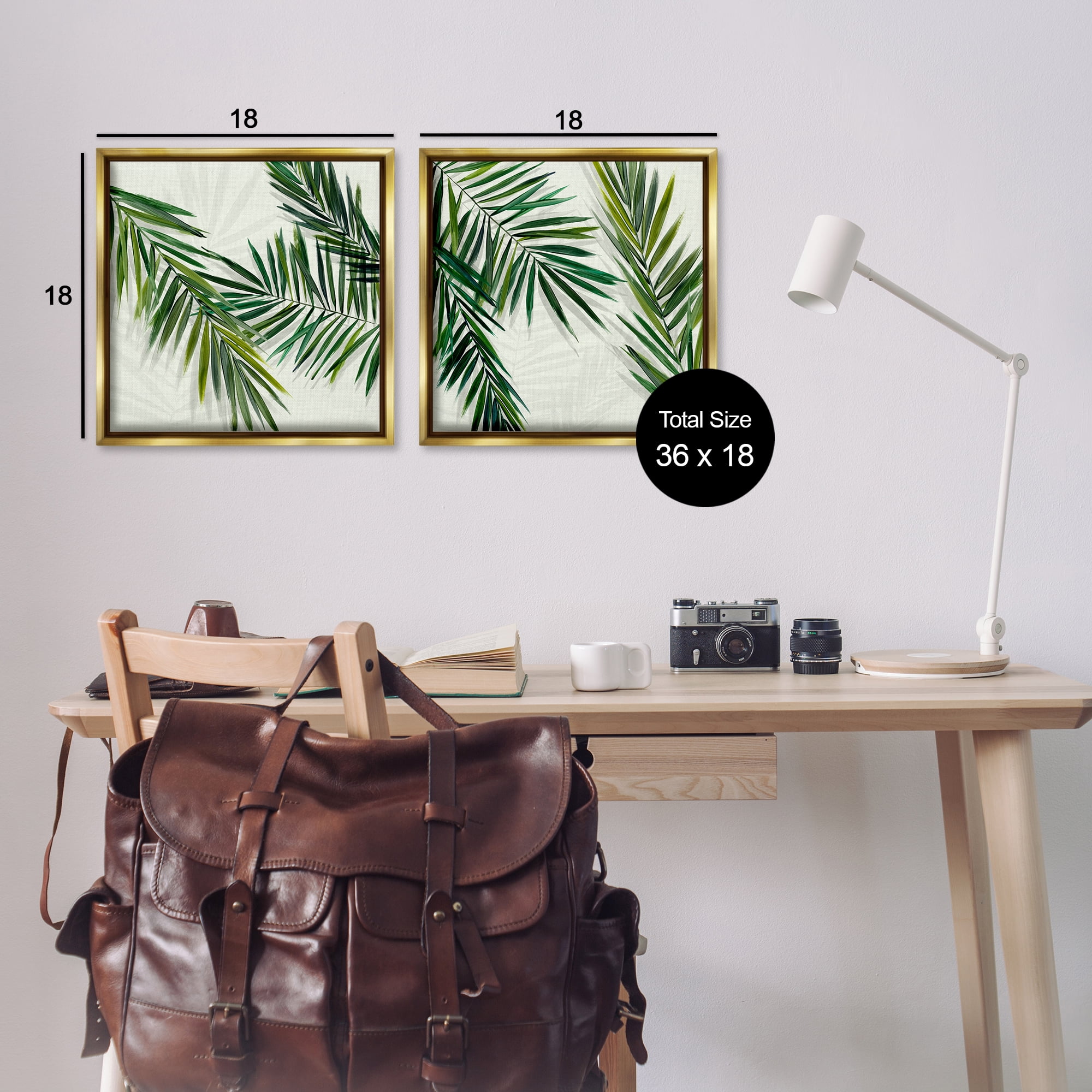 Stupell Industries Palm Fronds over Neutral Plants & Flowers Painting Gold Floater Framed Canvas Art Print Wall Art, 18 x 18, Set of 2