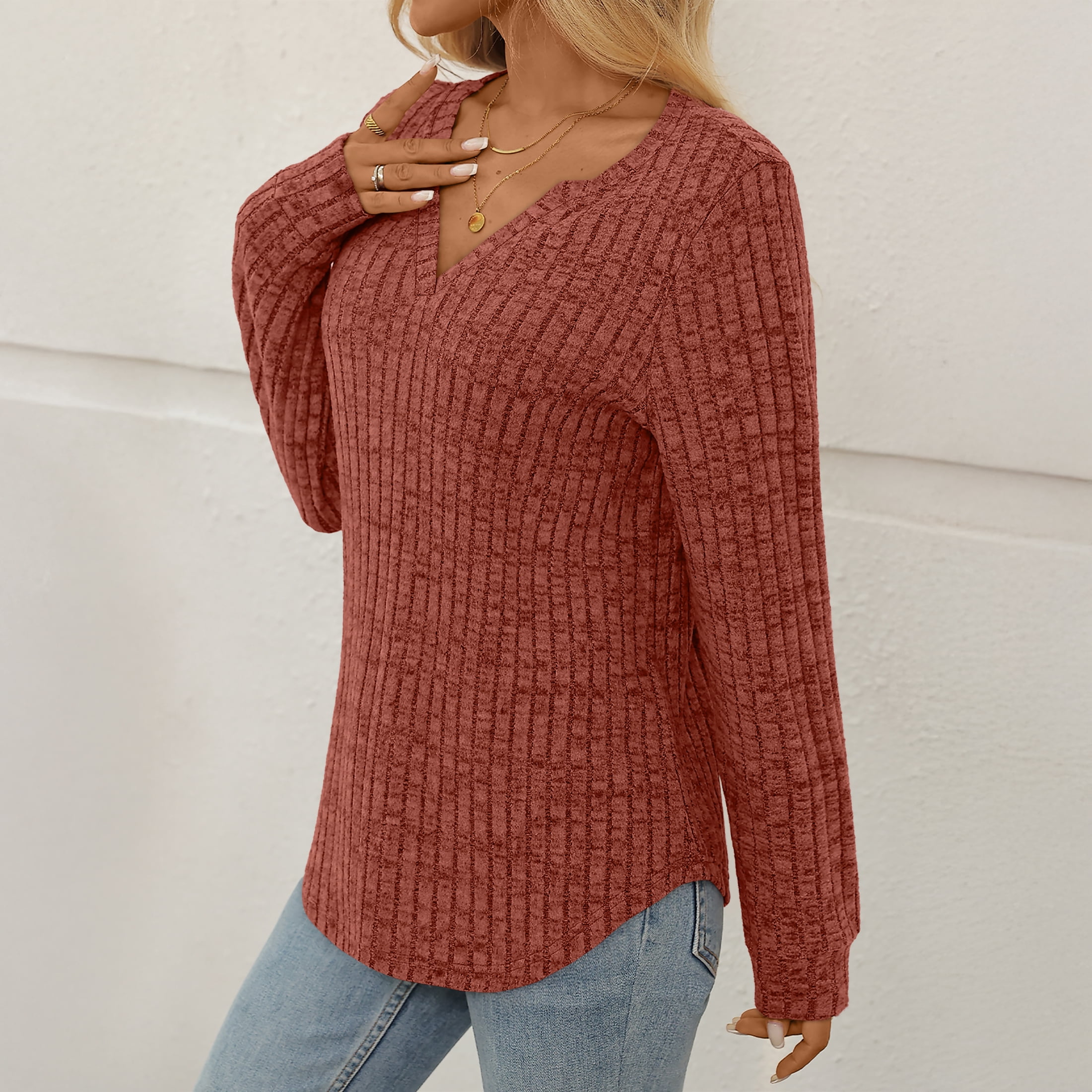 Womens Tops Long Sleeve V Neck Shirts Fall Sweater Casual Blouses Fashion Outfits
