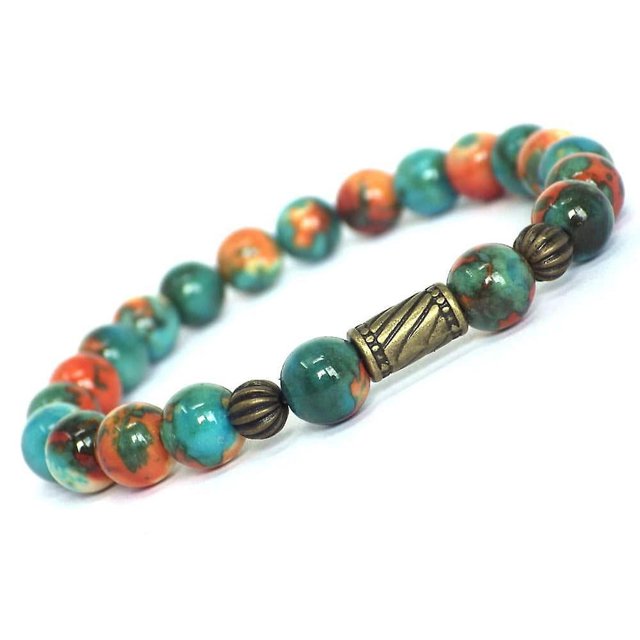 BR Pulsera tibetana de estilo vintage con cuentas de jade blanco natural de 10 mm - marrón, naranja y azul - cuentas de bronce antiguo