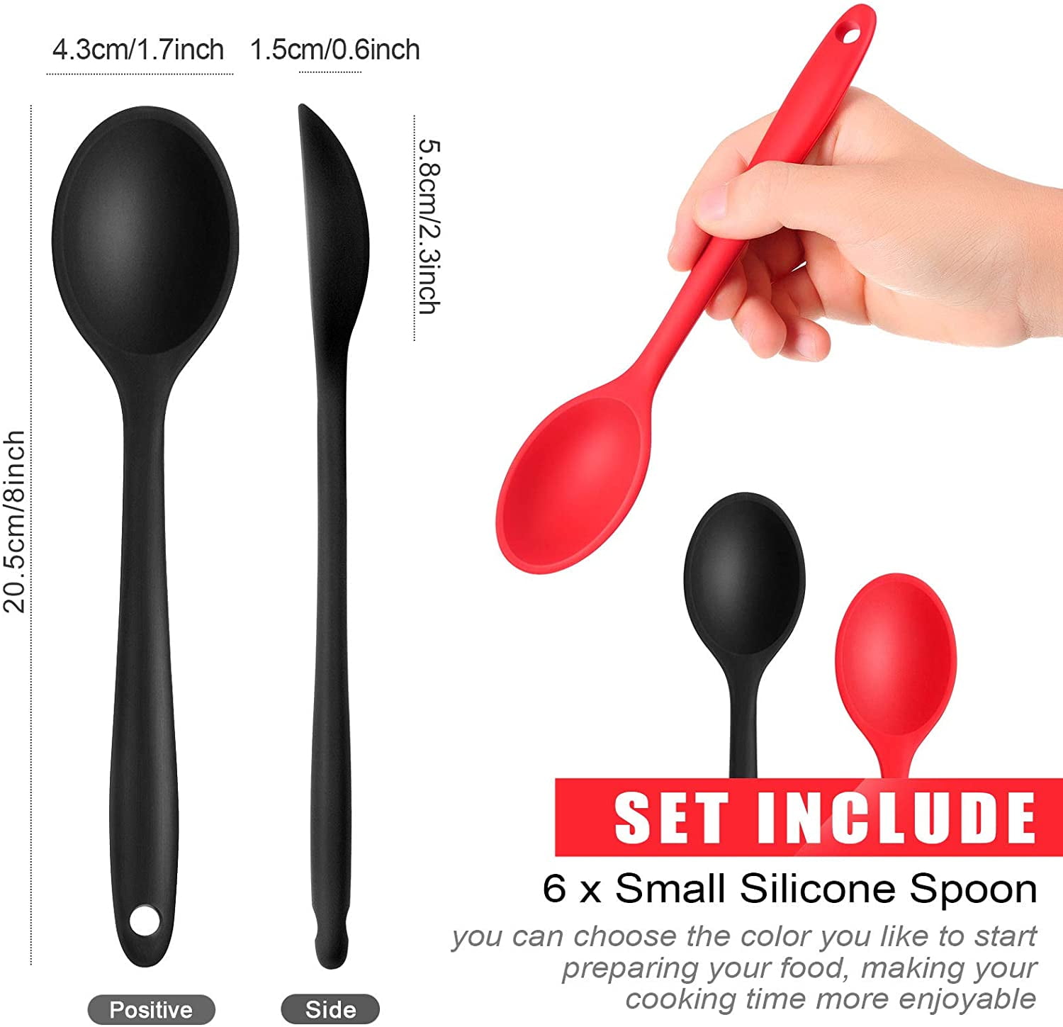 6 Pieces Small Multicolored Silicone Spoons Nonstick Kitchen Spoon Silicone Serving Spoon Stirring Spoon for Kitchen Cooking Baking Stirring Mixing Tools Red, Black 