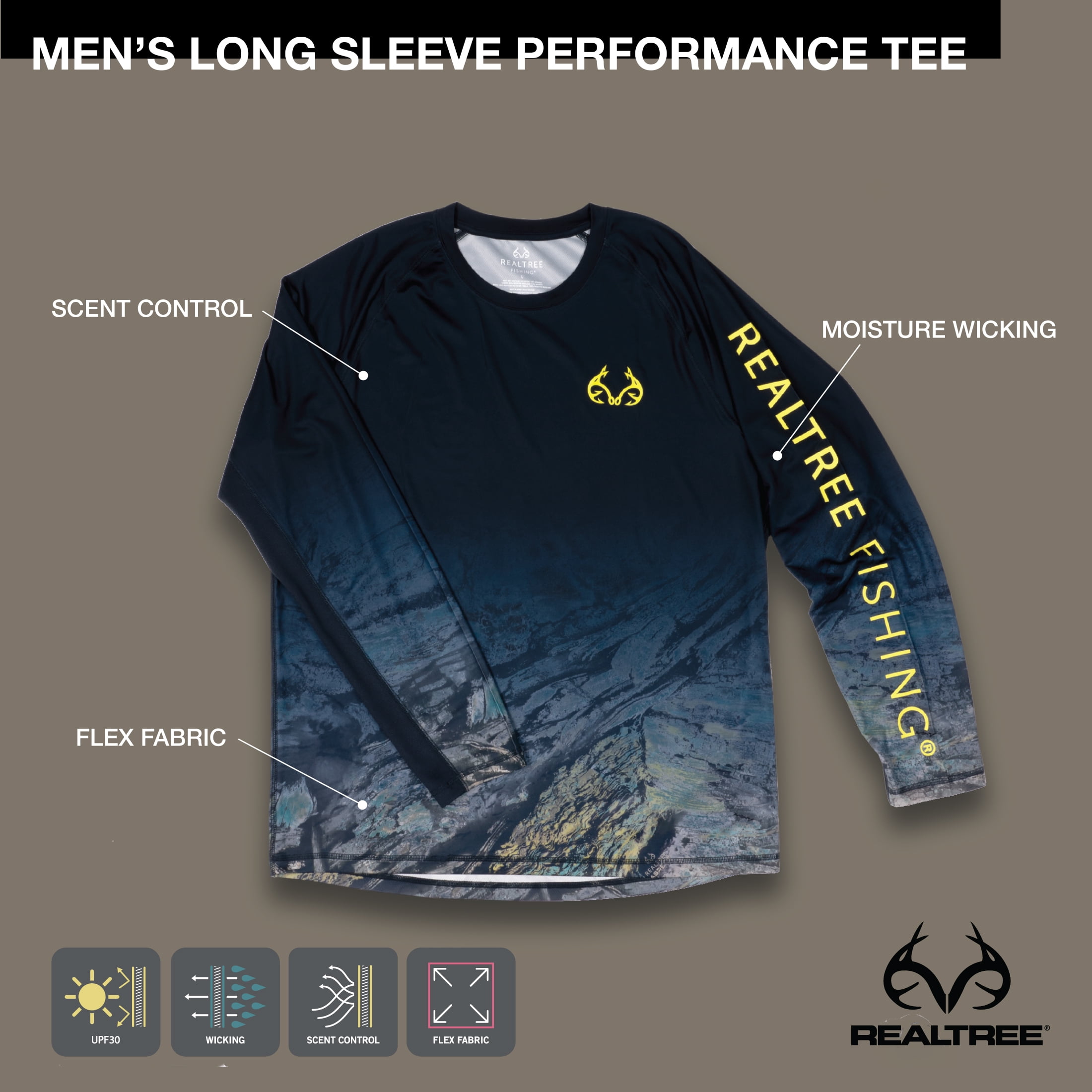 Realtree Men's Long Sleeve Performance Fishing Tee, Deep Ocean, M