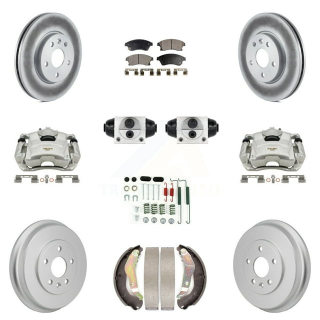 Transit Auto Front Rear Disc Brake Caliper Coated Rotors Drums Ceramic Pads Shoes Wheel Cylinders and Hardware Kit (11Pc) for Car Chevrolet Sonic KCG-101189T
