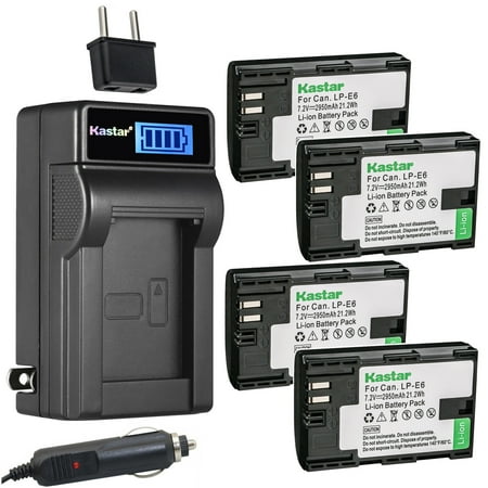 Kastar 4-Pack LP-E6 Battery and LCD AC Charger Compatible with Canon EOS 60Da  EOS 70D  EOS 80D  EOS 90D  XC10  XC15  EOS Ra Mirrorless Digital Camera  Blackmagic Pocket Cinema Camera 4K