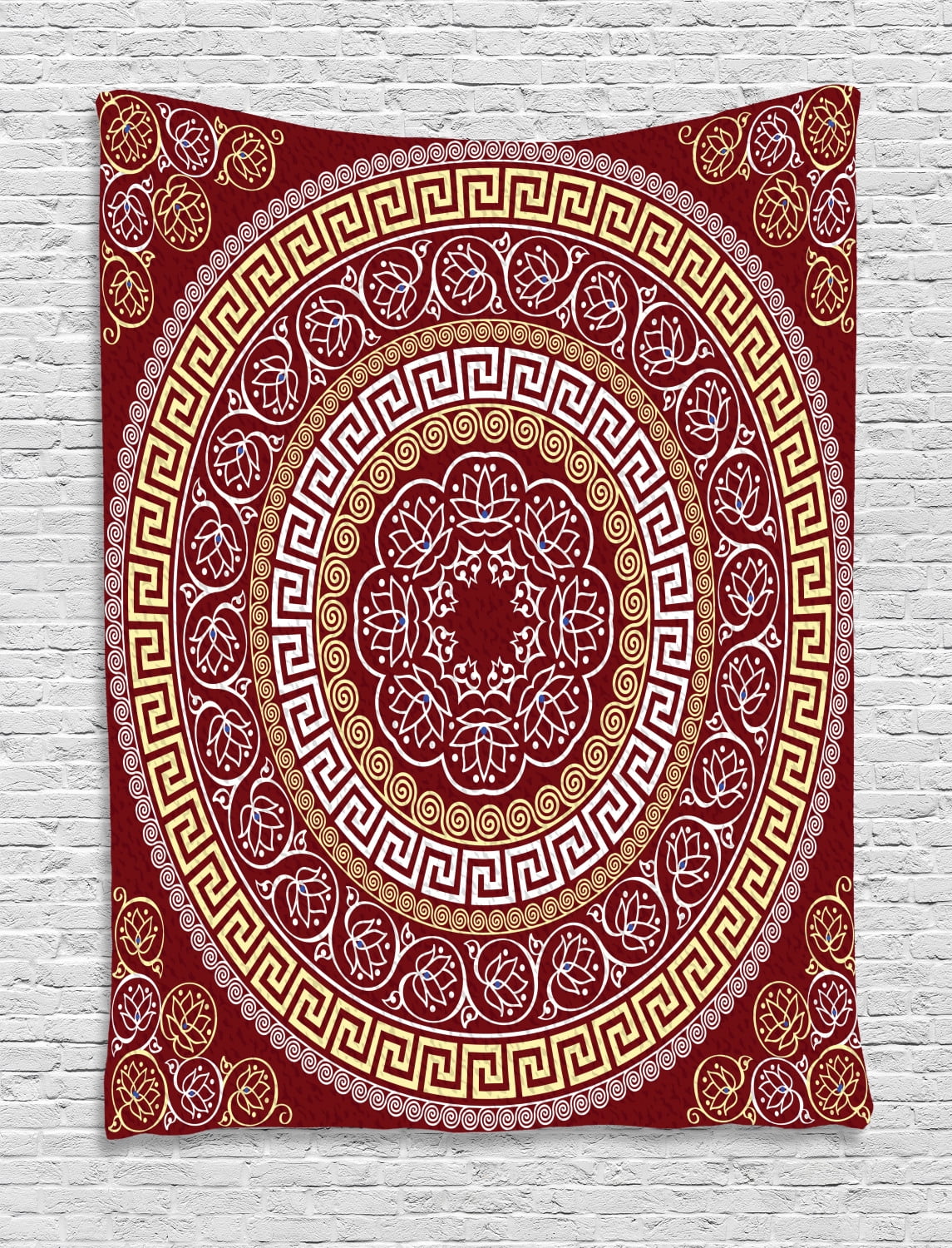 Greek Key Tapestry, Round and Square Ornament Meander with Floral