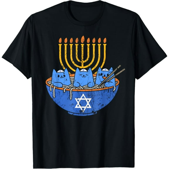 Jewish Cats Ramen Kitten Anime Hanukkah Pajamas Chanukah PJs T-Shirt- American fashion hot selling casual retro high quality 100% cotton T-shirt 1 piece