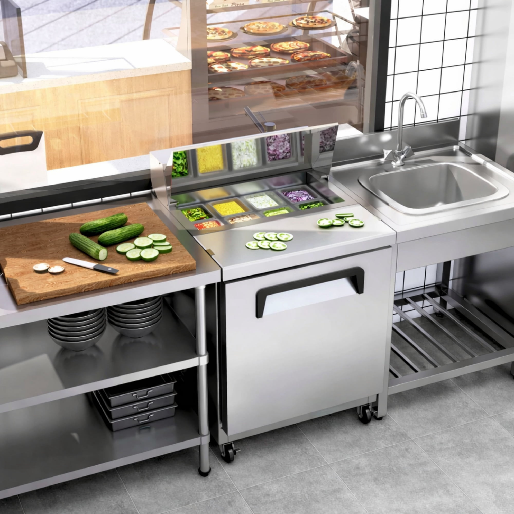 27 in. Commercial Sandwich Prep Table Refrigerator, 5.7 cu.ft., Stainless Steel Salad & Pizza Prep Station with 8 Pan Slots, Undercounter Fridge with Lid and Wheels