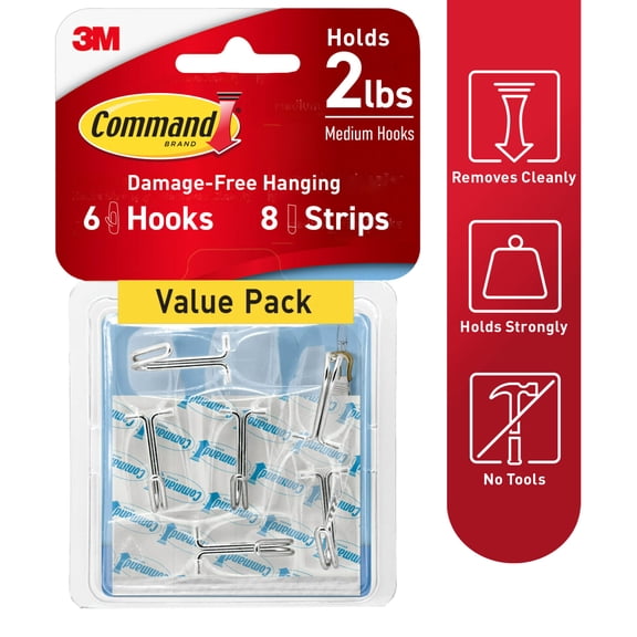 Command Wire Hook Value Pack, Clear, Medium, 6 Hooks, 8 Strips/Pack