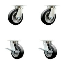 6 Inch Kingpinless Rubber on Aluminum Wheel Swivel Caster Set with 2 Brakes SCC