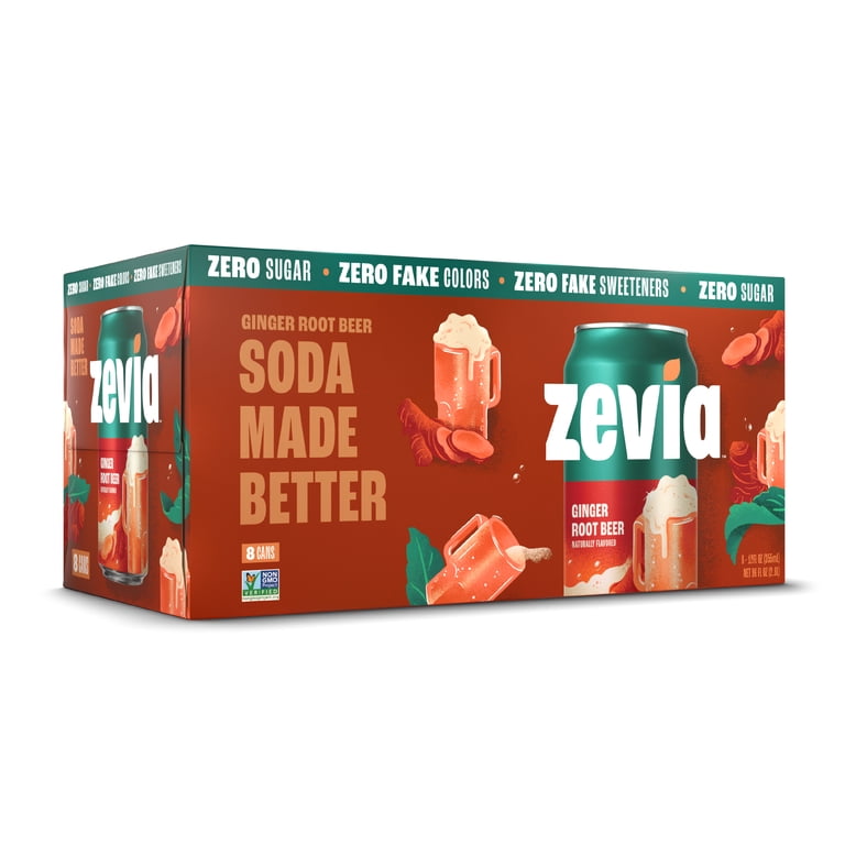 Zevia, Zero Calorie Ginger Root Beer Soda, 12 fl oz, 8 Pack Cans