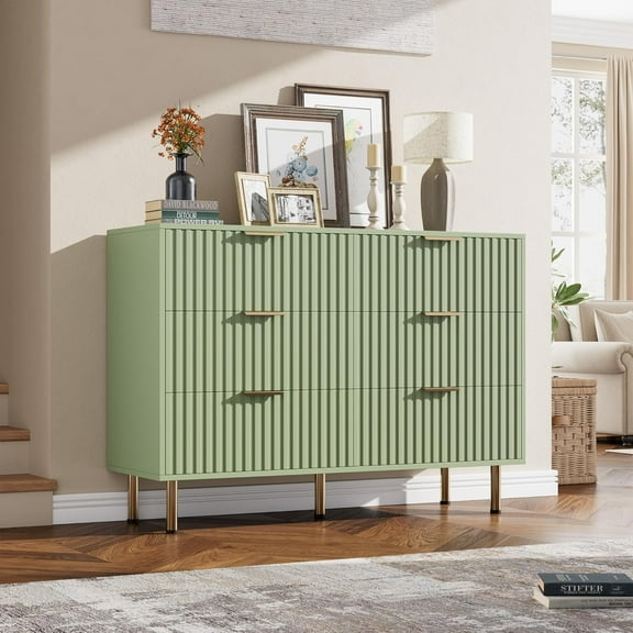 Green 6 Drawer Dresser for Bedroom, Fluted 47.2 in Wide Modern Chest of Drawers with Deep Drawers, Long Large Double Dresser TV Stand for Living Room, Hallway, Kids Room